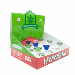 DISPLAY OF 12 COLORED GLASS BOWLS WITH FLAT PULL - HA010